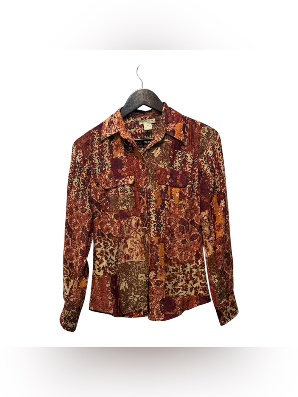 Lucky Brand Patchwork Boho Western Floral Paisley Silk Button Down Blouse Top